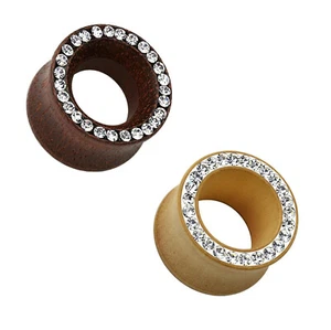 Wooden Tunnel Ear Plug Flesh Piercing Tube Screw Cubic Zirconia Stopper Crystal PNA490 - Picture 1 of 5