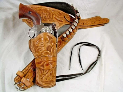 Western Gun Holster Belt Leather Revolver Pistol Tooled .22 .35/357 .44/45 Cal - Image 1 of 4