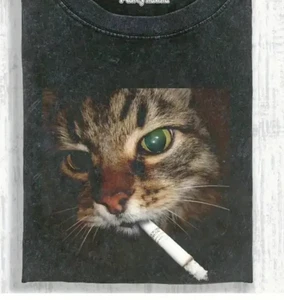 Print Tee Size L 45" Chest Black Washed Look T-Shirt Cat Smoking Short Sleeve - Picture 1 of 5