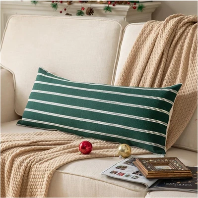 Boho Lumbar Pillow Cover 14x36 Dark Green Striped Decorative Couch Pillow Case - Image 1 of 4