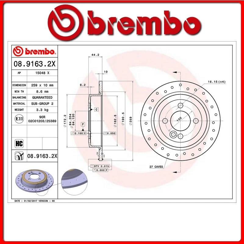 08.9163.2X#32 DISCO FRENO POSTERIORE SPORTIVO BREMBO XTRA MINI MINI CLUBMAN (R55 - Immagine 1 di 1