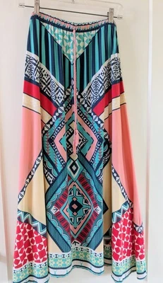 Flying Tomato Sz Med Maxi Skirt Bold Geometric Rayon Print Elastic Waist Tassel - Image 1 of 4
