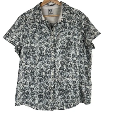 REI Mujer XL Gris Floral Tecnología Botones Ventilación Lateral Bolsillo Campamento Caminata Foto 1 de 4