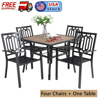 PHI VILLA 5 Piece Patio Metal Dining Furniture Set Outdoor Stackable Armchiar Square Table