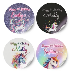 Personalised Unicorn Design Any Name Birthday Stickers Party Decoration Label 17 - Picture 1 of 11