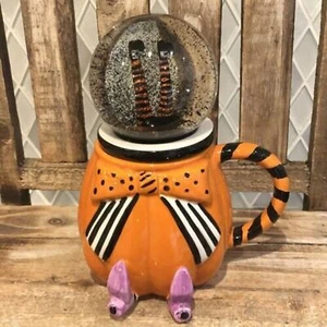 Halloween Witch Pumpkin Mug with Water Globe Lid w Raven Ceramic 2-pc Set 11oz - Picture 1 of 12