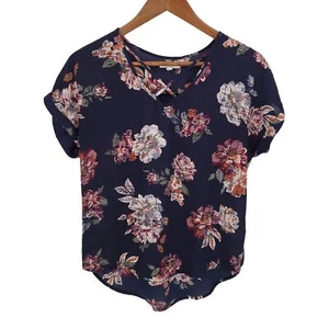 Maurices Womens Floral Short Sleeve Blouse Top Size XS Navy Blue V-Neck Casual - Picture 1 of 11