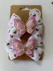 HANDMADE SET OF 2 PINK HEART BOW WITH PINK GLITTER BUTTERFLY CENTRE HAIR BOBBLES