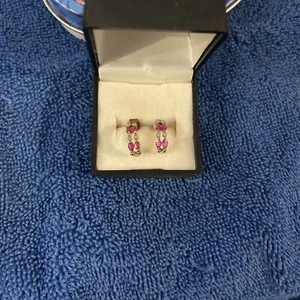 Dainty 18Kt Gold Double Strand Ruby And Diamond Half Hoops - Picture 1 of 4