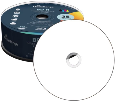 100 MediaRange BD-R 25GB 6x Blu-ray bedruckbare Rohlinge full printable Spindel  - Bild 1 von 4