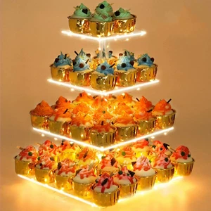 4 Tier Cupcake Stand Acrylic Tower Display with LED Light Premium Holder Dessert - Picture 1 of 12