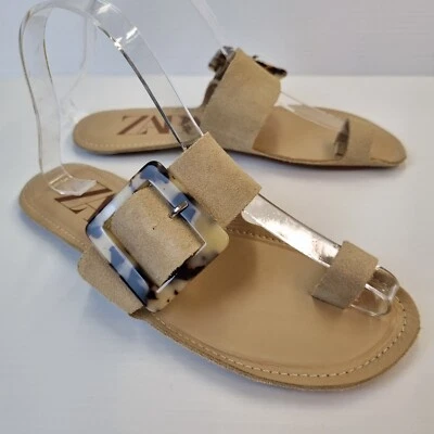 Sandalias planas de cuero ZARA Slides talla 37 para mujer zapatos beige tortuga Foto 1 de 4