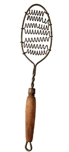 Vintage Feder Spiral Schneebesen Schöpfkelle Löffel gedrehter Holzgriff Landhaus Küche Dekor - Bild 1 von 6