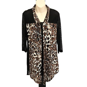 LILIA Size M EC black brown & white 3/4 sleeve layered trapeze hem top - Picture 1 of 6
