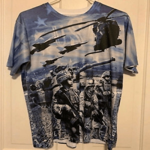 SPIRIT OF AMERICA MILITARY PLANES HELICOPTORS SIZE LARGE POLYESTER SHIRT