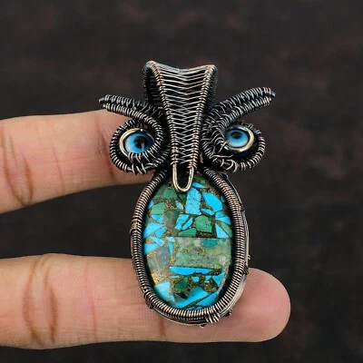 Pingente de coruja embrulhado com fio para presente irmã cobre pedra preciosa turquesa azul 2,6" - Imagem 1 de 4