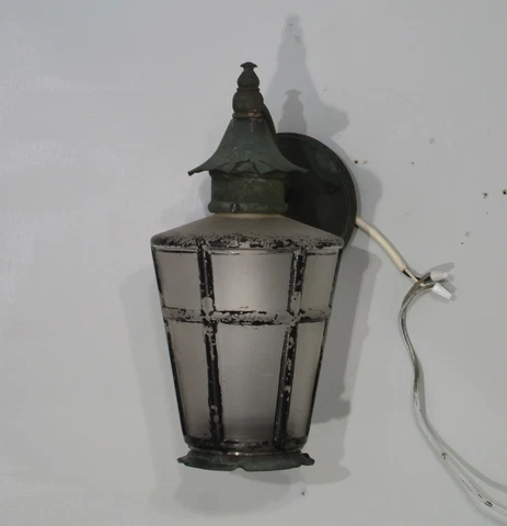 Antique Vintage  Outdoor Wall Sconce Lantern Patina Original Petite Black Green Cover