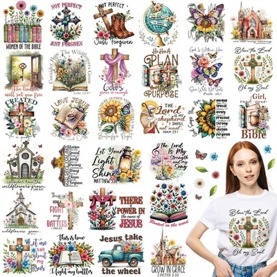 CHIISONG 30 Pcs Christian Iron on Transfer Patches Religious Jesus Faith Dtf Heat Tran...