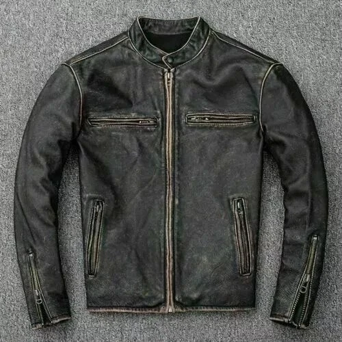 Herren Cafe Racer Motorradjacke Aus Vintage-Leder – Gewaschene Lederjacke Mit Satinfutter, YKK-Reißverschluss