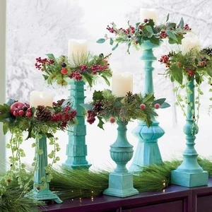 GRANDINROAD Winter Berry Holiday Candle Rings Green Red Set of 5 - Picture 1 of 13