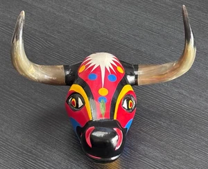 Maschera testa di corno di toro arte Colombia fatta a mano esposizione da parete Barranquilla Carnevale - Foto 1 di 6