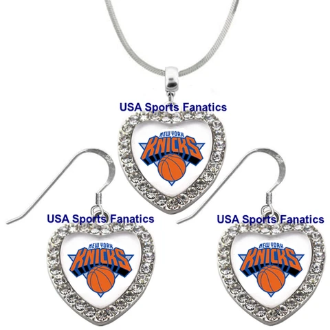 New York Knicks 925 Necklace / Earrings or Set Team Heart With Rhinestones Cover