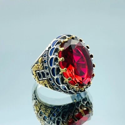 Anel masculino simulado de prata esterlina 925 vermelho rubi turco feito à mão presente para ele - Imagem 1 de 4