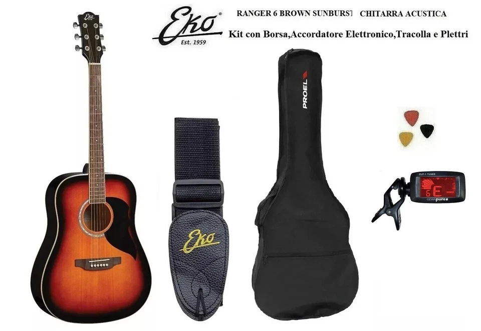 Chitarra acustica Eko Ranger 6 Brown Sunburst Dreadnought con Corpo in abete