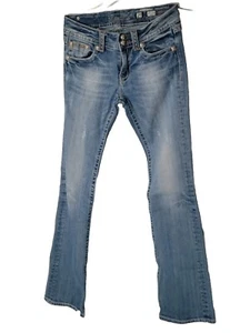 MISS ME 29/32 MED RISE DISTRESSED BOOT CUT LOGO BUTTON & GROMMETS SILVER/GOLD - Picture 1 of 12