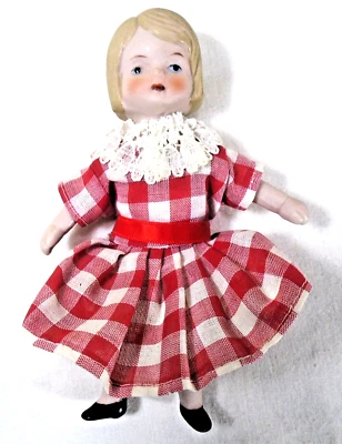 Muñeca Shackman Bisque Vintage, Vestido Rojo a Cuadros 5" Foto 1 de 4