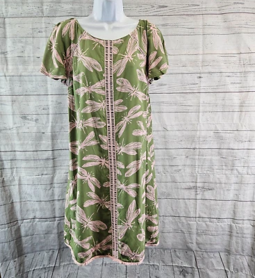 Modcloth Womens Dress Sz Medium Green Pink Dragonflies Short Sleeve Pockets - Image 1 of 4