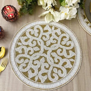 Set of 6, Handmade beaded placemat, Cream-white with gold, bead charger - Picture 1 of 6