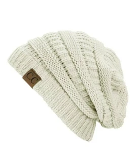 CC Beanie Women's Knit Slouchy Thick Cap Hat Unisex Solid Ivory Color L@@K!!! - Picture 1 of 9