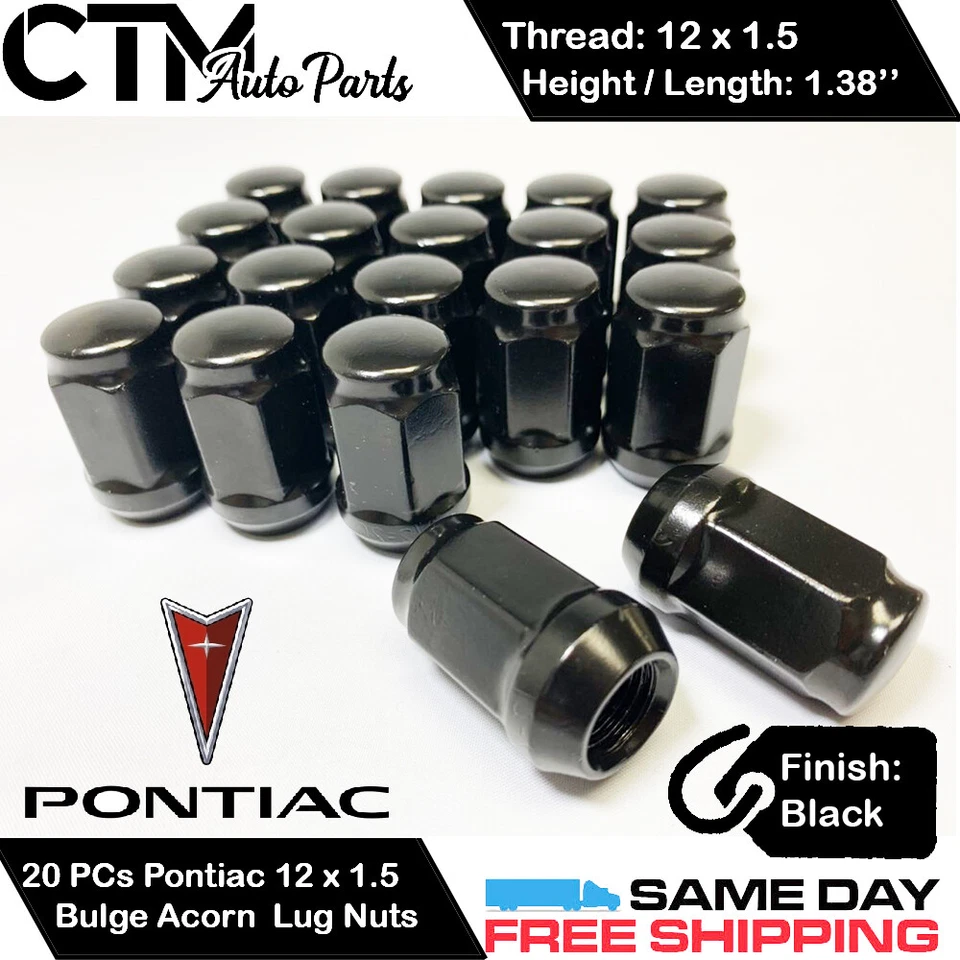 20PC PONTIAC BLACK CONICAL SEAT 12X1.5 WHEEL LUG NUTS BULGE ACORN FOR PONTIAC - Image 1 of 2