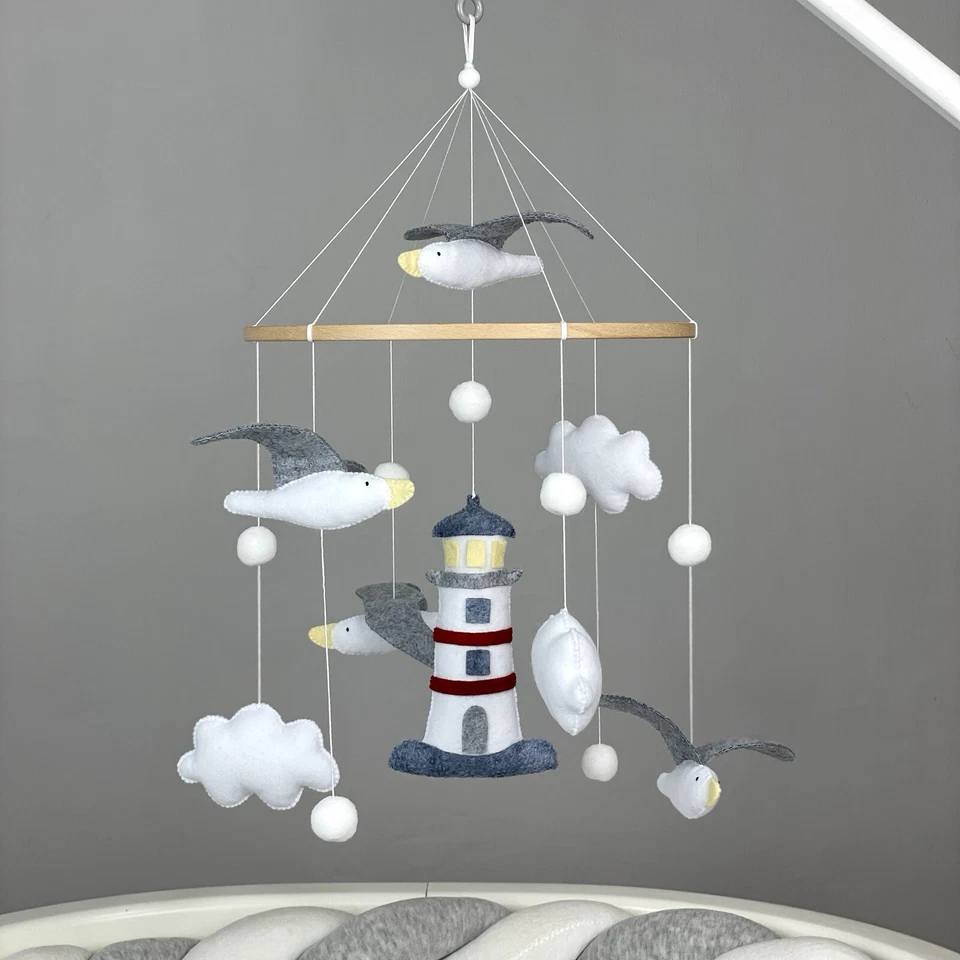 Gaviotas Bebé Cuna Móvil Océano Guardería Faro Móvil Costero Fieltro Mar Decoración Foto 1 de 4