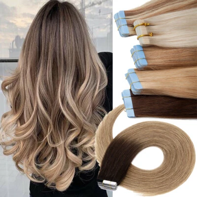 Cinta invisible en extensiones de cabello humano Remy trama de piel CABEZA COMPLETA GRUESA recta Foto 1 de 4