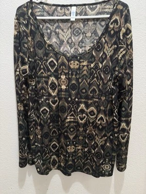 Top túnica LuLaRoe marrón verde con diseño geométrico manga larga talla extra grande Foto 1 de 4