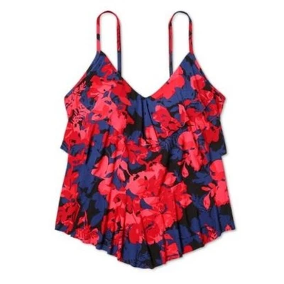 Camiseta sin mangas Tankini de natación verde aguamarina PEQUEÑA negra azul rosa roja floral con volantes en capas Foto 1 de 4