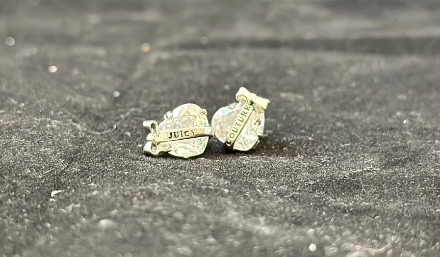 Juicy Couture Silver Plated Crystal Heart Stud Earrings With JC Banner - Image 1 of 3