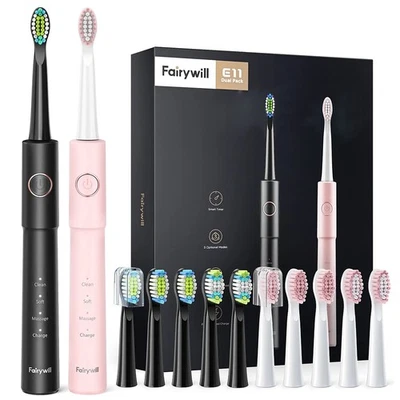 Fairywill Cepillo de Dientes Eléctrico Dual Sónico USB Recarga 5 Modos 10 Cabezales de Cepillo Juego Foto 1 de 4