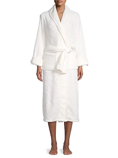 NATORI Floral Texturizado Felpa Terciopelo Autoatado Bata Blanco Perla L XL $140 NUEVO Foto 1 de 1