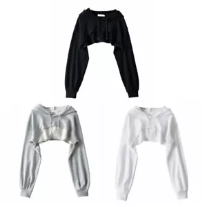 Felpa donna manica lunga ritagliata crop top tinta unita ampia con cappuccio copricostume - Foto 1 di 15