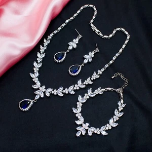 Collana, Bracciale & Orecchini Parure Finto Zaffiri & 5A Zircone Cubico - Foto 1 di 11