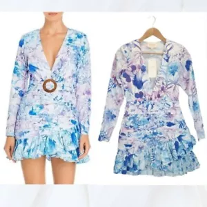 Rococo Sand Amaya Long Sleeve Ruched Pleated Floral Mini Dress Size XS - Picture 1 of 14
