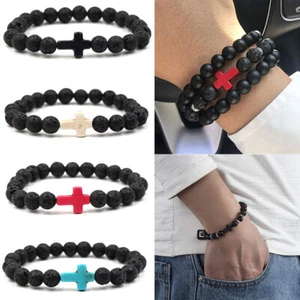 4Pcs Men's Lava Rock Stone Turquoise Cross Beaded Elastic Bracelet Yoga Jewelry - Picture 1 of 10