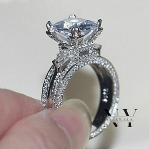 14k White Gold 3 Carat Radiant Cut Moissanite Bridal Set Wedding Engagement Ring - Picture 1 of 7