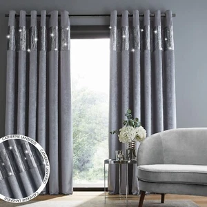 Catherine Lansfield Crushed Velvet Glamour Sequin Lined Eyelet Curtains Grey - Picture 1 of 8