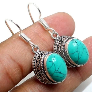 Turquoise Gemstone Handmade 925 Sterling Silver Jewelry Earring Sz 1.4" - Picture 1 of 1