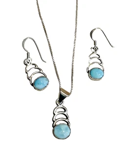 Larimar 925 Sterling Silver Jewelry Set Necklace and Earrings 18" Long - Picture 1 of 8