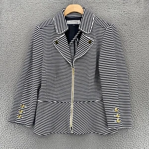 Tahari Jacket Womens 6 Black White Stripe Knit Full Zip 3/4 Sleeve Stretch Moto - Picture 1 of 11